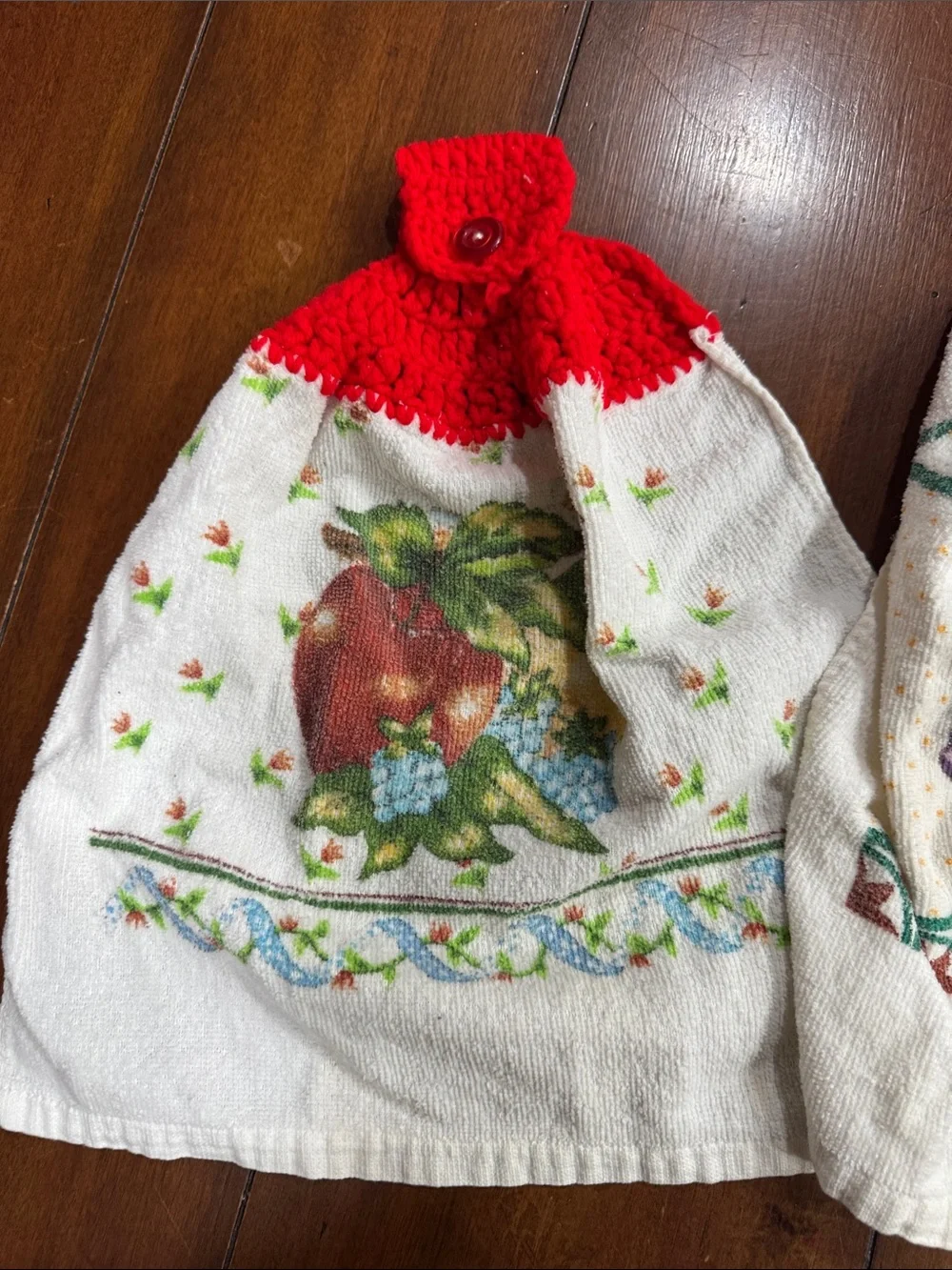 Set of 3 Hanging Kitchen Dish Towels Hand Crochet Button Topper Cottagecore
